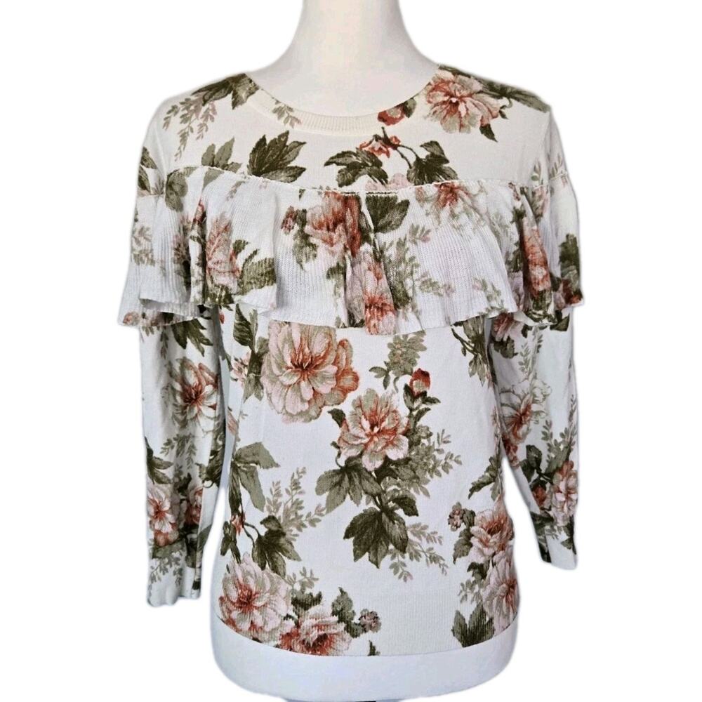 Harlyn Anthropologie Floral Ruffle Romantic Cottagecore Feminine Sweater Sz XS